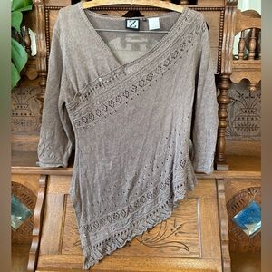Z Supply Designer 100% Linen Taupe Asymmetrical Boho Blouse Size Medium